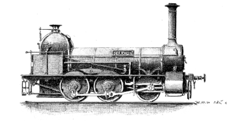 historische zeichnung der verschollen Dampflokomotive Rhein