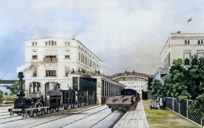 Der Berliner Endbahnhof der Potsdamer Bahn in der Nähe des Potsdamer Platzes (1838)