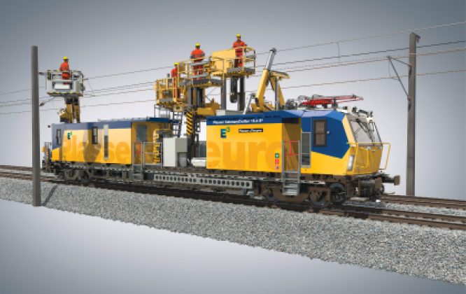 Plasser CatenaryCrafter 15.4 E³, ausgestattet mit Eisenbahnkran und dreiteiliger Hubarbeitsbühne