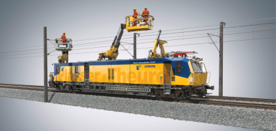 Plasser CatenaryCrafter 15.4 E³, ausgestattet mit Eisenbahnkran und frei verschwenkbarer Hubarbeitsbühne