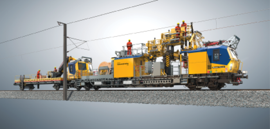 Plasser CatenaryCrafter 15.4, ausgestattet mit Eisenbahnkran und dreiteiliger Hubarbeitsbühne inkl. universell nutzbarer Ladeplattform und drehbarer Krankabine